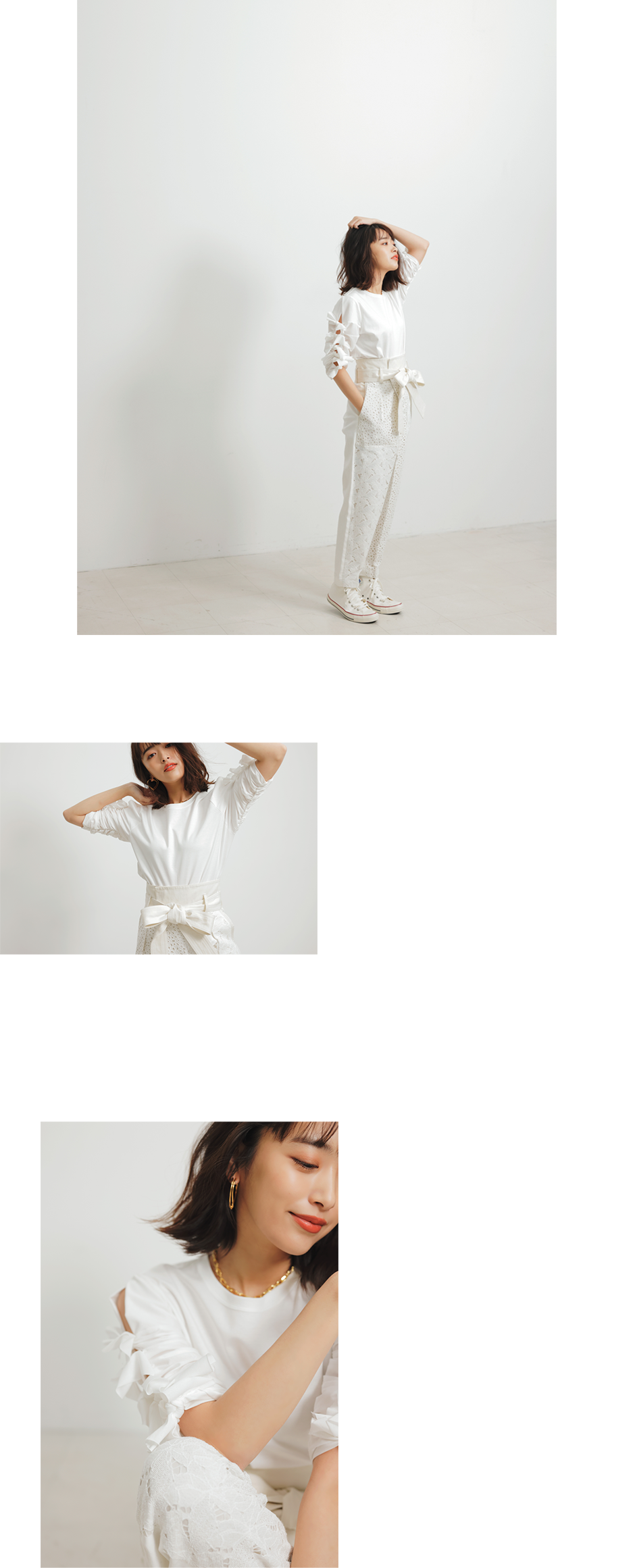 別注Tシャツ（FORMO） レースワークパンツ（FORMO） チェーンネックレス（numbering） ハートピアス（numbering）