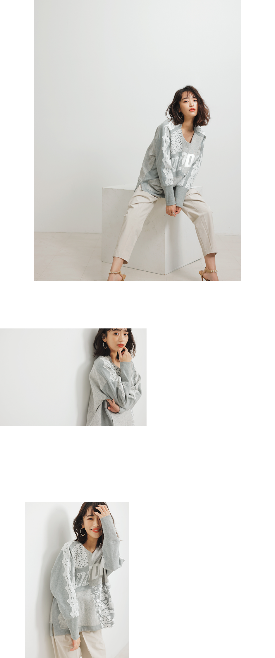 レーススエット（FORMO） ラップストレッチパンツ（FORMO） フープピアス（CALLMOON） イヤーカフ（CALLMOON） リング（CALLMOON）