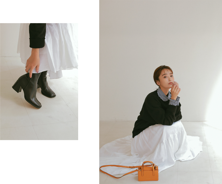 ブラウス（LOBBY for women） クルーネックプルオーバー（ATON） スカート（MADISONBLUE） バッグ（MARGE SHERWOOD） ショートブーツ（HENRI EN VARGO）