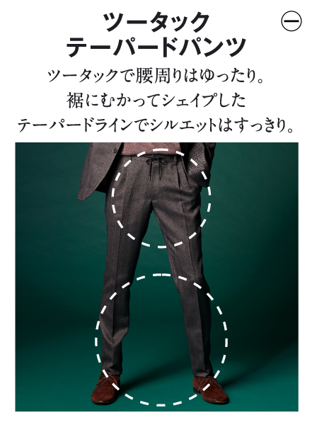 ツータックテーパードパンツ ツータックで腰周りはゆったり。裾にむかってシェイプしたテーパードラインでシルエットはすっきり。