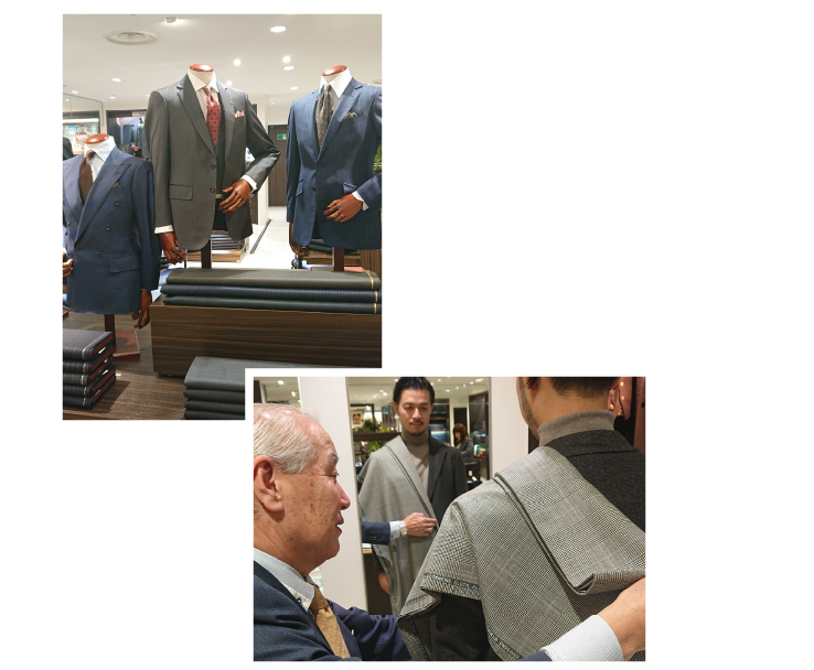 オーダー専門の係員がお好みはもちろん、季節やシーン、ＴＰＯに応じて服地選びをお手伝いします。実際に生地を合わせることで、出来上がりのイメージを掴みます。