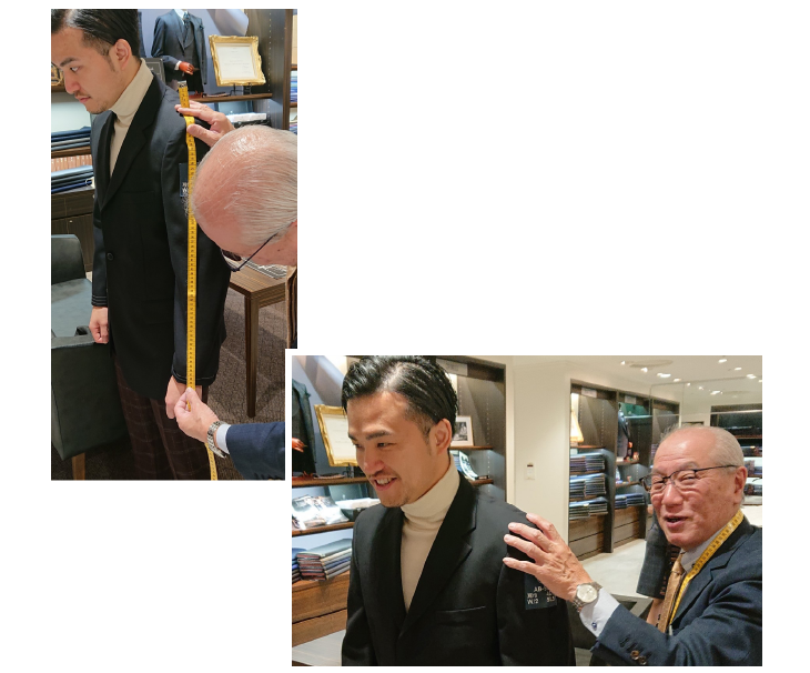 お客様のサイズを測るとともに、ご希望のスタイルをお選びいただきます。“細身”“ゆったり目”などご要望があればお申し付けください。売場では着用見本（ゲージ）をご用意。サイズ感の確認や丈の調整ができます。係員にお申し付けください。