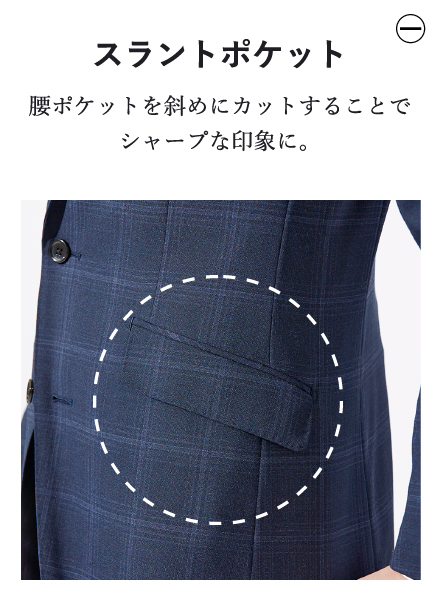 スラントポケット 腰ポケットを斜めにカットすることでシャープな印象に。