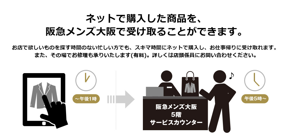 ネットで購入した商品を、阪急メンズ大阪で受け取ることができます。　お店で欲しいものを探す時間のない忙しい方でも、スキマ時間にネットで購入し、お仕事帰りに受け取れます。また、その場でお修理も承りいたします(有料)。詳しくは店頭係員にお問い合わせください。