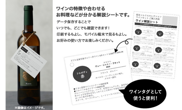 ワインの特徴や合わせるお料理などが分かる開設シートです。