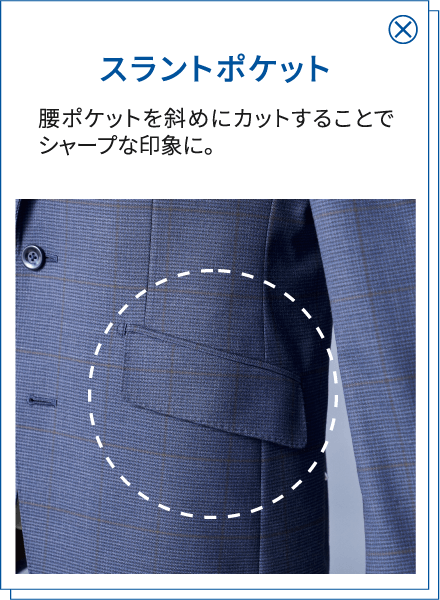 スラントポケット 腰ポケットを斜めにカットすることでシャープな印象に。