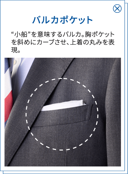 バルカポケット “小船”を意味するバルカ。胸ポケットを斜めにカーブさせ、上着の丸みを表現。