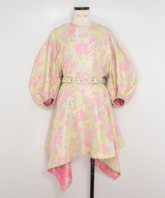 FLOWER BROCADE BALLOON SLEEVE DRESS