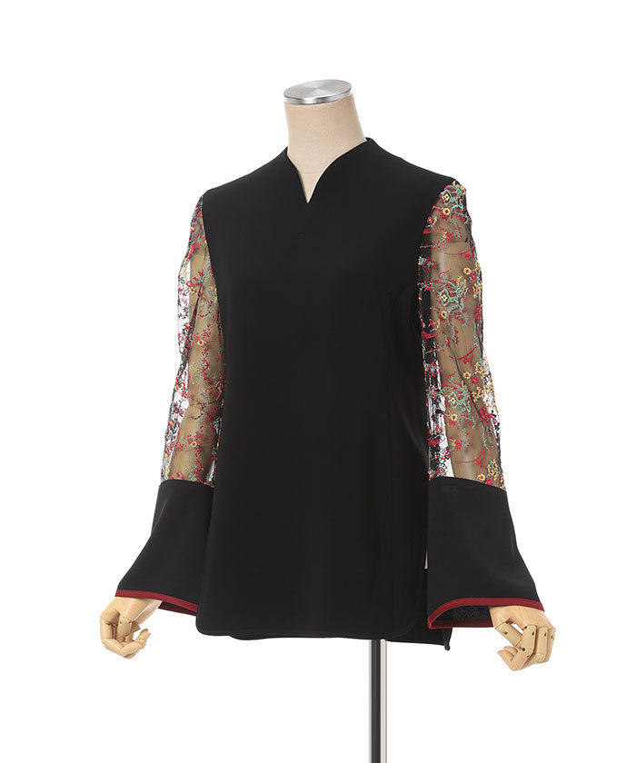 Acetate Polyester Floral Lace-Sleeve Shirt(F247S311)|阪急 Acetate Polyester Floral Lace-Sleeve Shirt(F247S311)|阪急