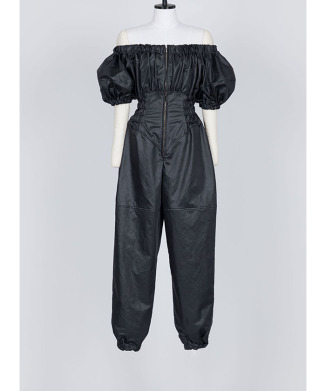 FAUX-LEATHER SATIN OFF-SHOULDER JUMPSUIT