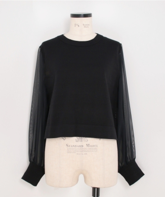 CREW NECK CROPPED SWEATER WITH SHEER SLEEVE