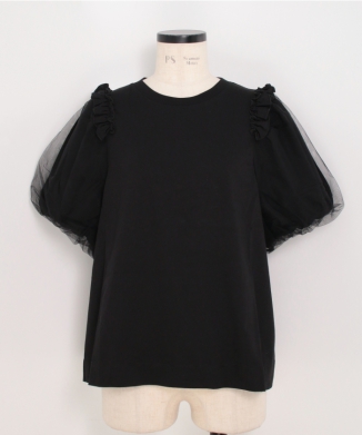 TULLE OVERLAY PUFF SLEEVE FRILL T-SHIRT