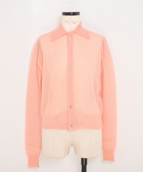 AURALEE KID MOHAIR BLEND SHEER KNIT SHIRT CARDIGAN SALMON PINK 1