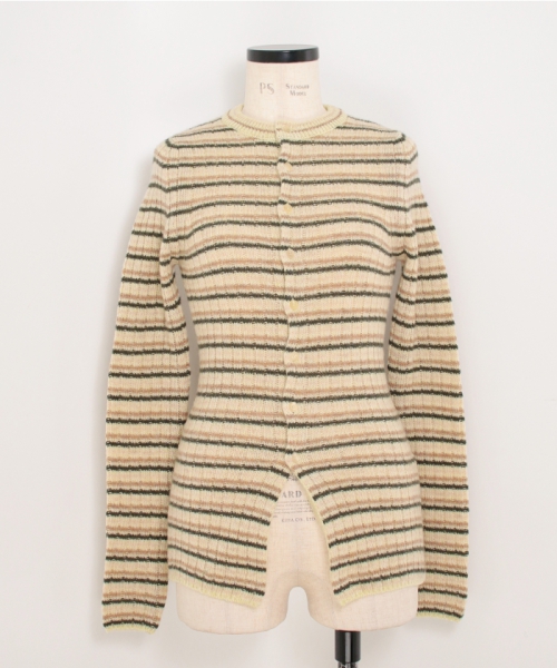 AURALEE SHETLAND WOOL CASHMERE RIB KNIT CREW-NECK CARDIGAN BEIGE STRIPE 0