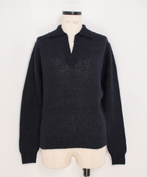 AURALEE BABY SURI ALPACA SHEER KNIT SKIPPER POLO NAVY 1