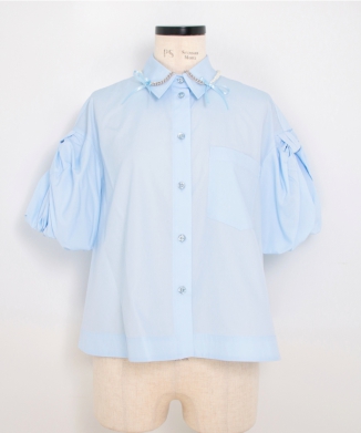 CROPPED PUFF BOW SLEEVE SHIRT W/ EMB
