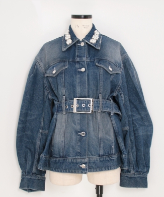 SCULPTED BELT DETAIL DENIM JACKET W/ EMB