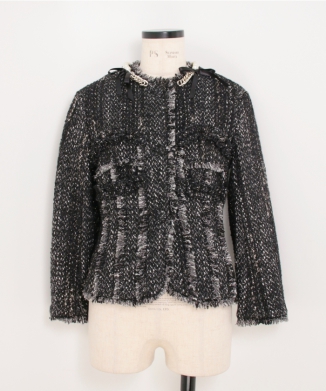 SCULPTED FRILL BUST DETAIL FRAY JACKET W/ EMB