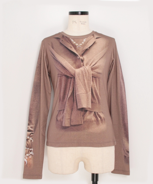 MARINESERRE TROMPE-L'OEIL KNIT JERSEY LS T-SHIRT BEIGE S