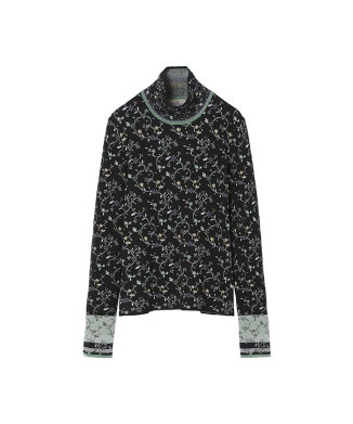 Floral Motif Glitter High Neck Knit Top