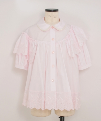 CROPPED PUFF SLEEVE RUFFLE FRILL TRIM SHIRT W/ EMB