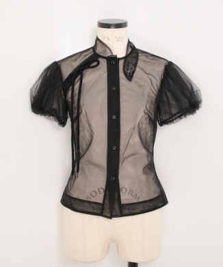 SHEER OFFSET FRAGMENT COLLAR PUFF SLEEVE SHIRT