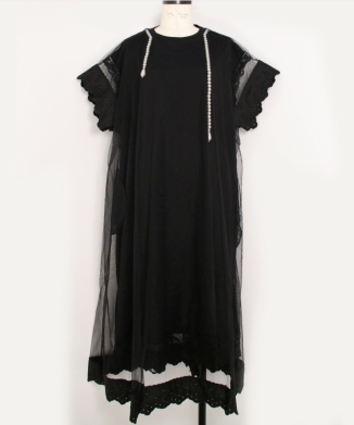 LAYERED LIQUID LACE TRIM SMOCK DRESS W/ EMB