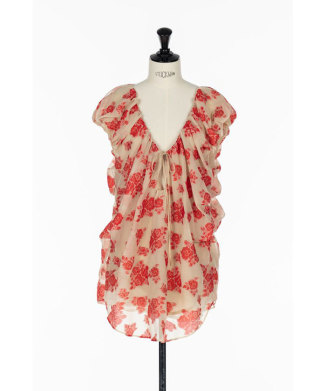 FLORAL JACQUARD GATHERED BLOUSE