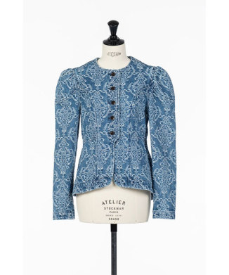 DAMASK-JACQUARD DENIM PEPLUM JACKET