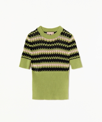 半袖 グリーン クルーネックニット