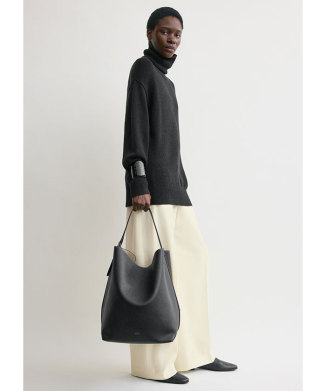 Belted grained-leather tote