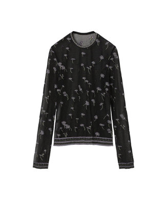 Floral Pattern Long Sleeve Sheer Knit Top