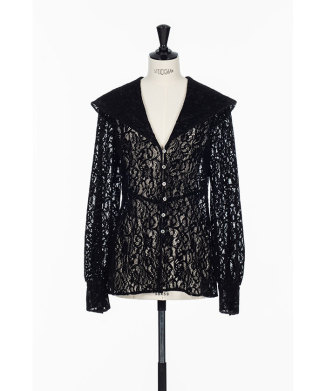 FLOCKED LACE SAILOR COLLAR BLOUSE