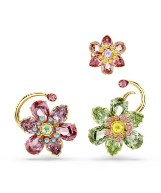 Idyllia イヤーカフ3個セット, アシンメトリーデザイン, ミックスカット, フラワー, マルチカラー, ゴールドトーン・プレーティング