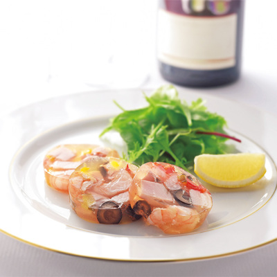 ハムと小エビのコンソメゼリー寄せ