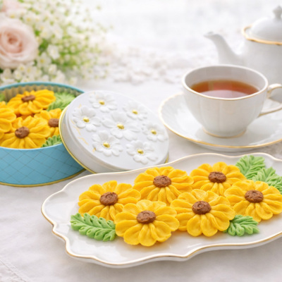 花咲く焼菓子「お花のぼうろ(ヒマワリ)」3缶セット クッキー缶 オリジナル紙袋を3枚