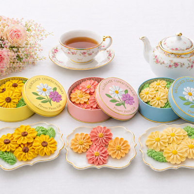 花咲く焼菓子「お花のぼうろ」3缶詰合せ コスモス・マーガレット・ヒマワリ クッキー缶 上質ギフトBOX仕様