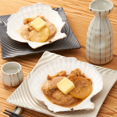 ホタテ「潤帆」レモンバター添え(コシヒカリ味噌漬と熟成塩こうじ漬)