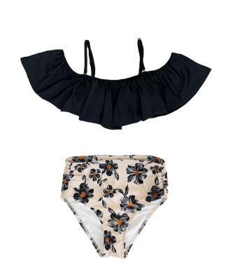 無地×レトロフラワーオフショルダービキニ