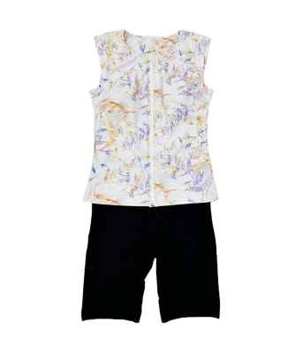 エレガントリーフ柄プチスリーブフィットネス水着