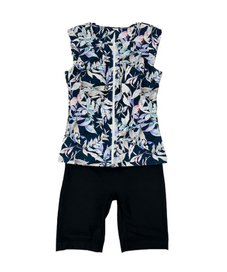 エレガントリーフ柄プチスリーブフィットネス水着