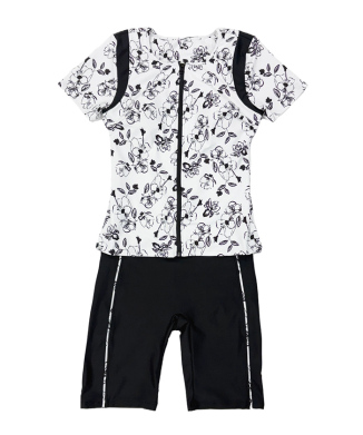 モノクロ線画フラワー半袖フィットネス水着