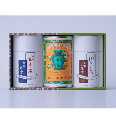 煎茶　芳泉　中缶 ・ 極上ほうじ茶　紙筒 ・ 極上玄米茶　紙筒詰合せ