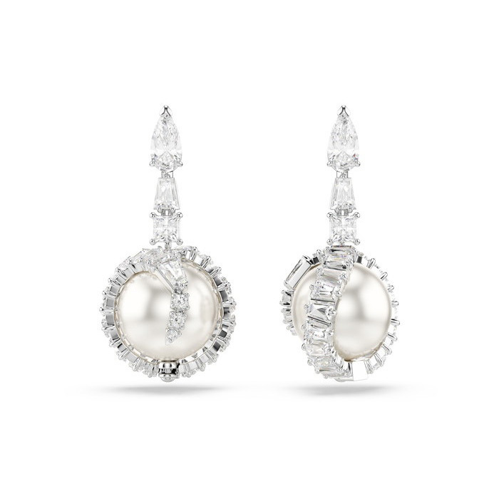 Constella drop earrings, Crystal pearl, Round cuts, White