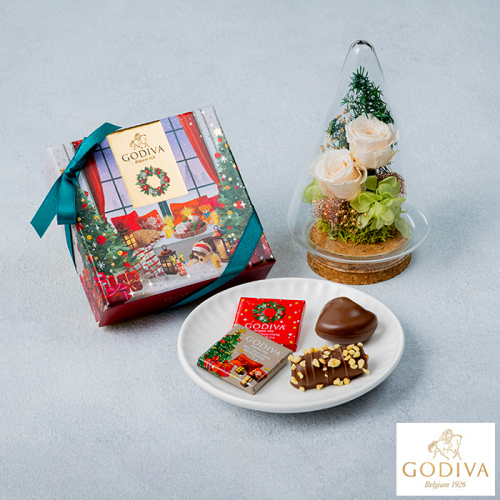 日比谷花壇 クリスマス グラスドームＷ＆ゴディバ ブッシュ ド ノエル アソートメント4粒入 FD1