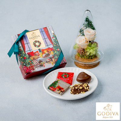 クリスマス グラスドームＷ＆ゴディバ ブッシュ ド ノエル アソートメント4粒入