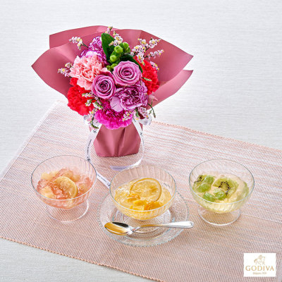 生花シュシュM＆GODIVA「フルーツジュレ3個」