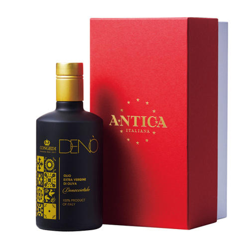 赤い化粧箱入りの「アンティカイタリアーナ」のイタリア・プーリア州産オリーブオイル「DENO」