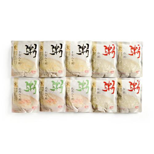 レトルトタイプのお粥が10個並んでいる。