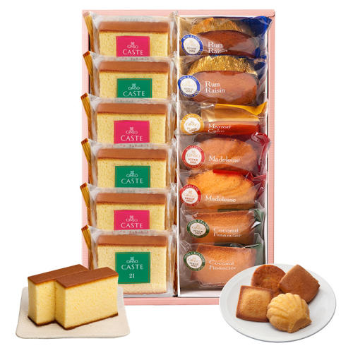 銀装の個装カステラ・焼菓子詰合せのパッケージ中身
